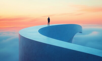 Silhouette of a person standing at the edge of a wide, curved blue path or structure above clouds during a colorful sunset sky