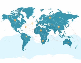 Teal World Map with Orange Points of Interest and Light Blue Ocean Graphic Representing Global Connections