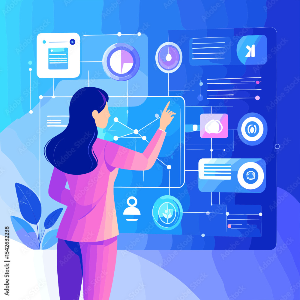 Poster woman interacting with data visualization on futuristic touchscreen in blue and purple tones display