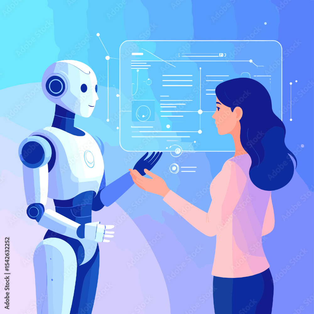 Poster woman interacting with white futuristic robot with holographic interface in a light blue setting dis