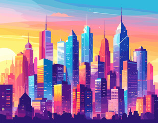 Vibrant Pixel Art Cityscape With Modern Skyscrapers Under A Colorful Sunset Sky In A Bustling Urban Environment With Retro Design