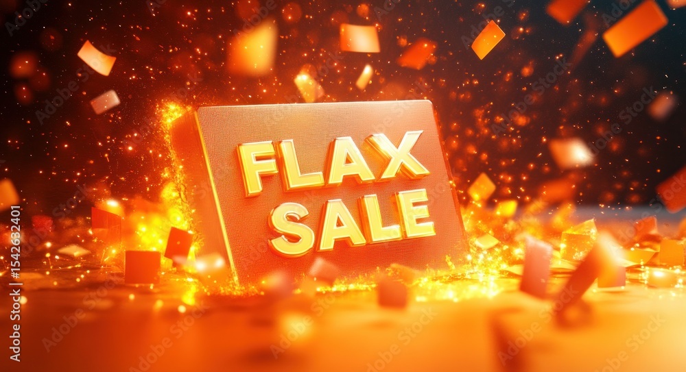 Poster bright orange and gold glowing block with the text flax sale surrounded by floating confetti and spa
