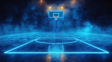 Empty basketball court with glowing blue neon lines and foggy atmosphere at night
