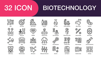 Biotechnology set of icon in line style. Containing science, lab, dna, research, genetic, biology, molecul, cell, experiment, healthcare, and more. Editable Stroke and High Quality