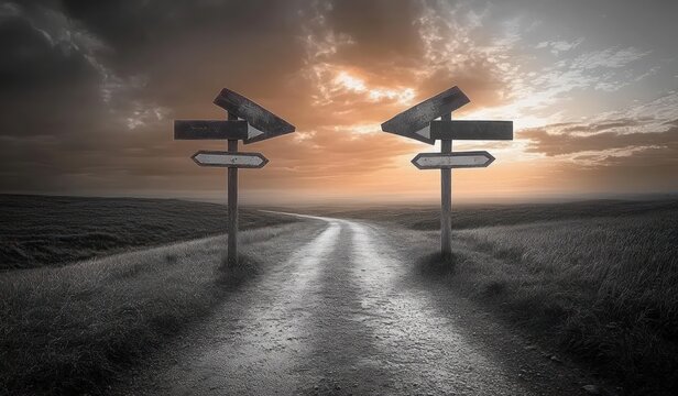 Two sets of multiple directional signs pointing in opposite directions on a dirt road stretching into an open field under a dramatic cloudy sunset sky