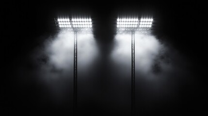 Two bright stadium floodlights shining through thick fog in dark night creating an intense and mysterious atmosphere