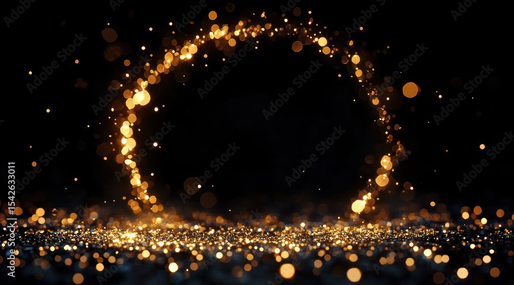 Poster Glowing golden particles forming a luminous circular arch above a sparkling textured surface on a dark background, evoking a magical and festive atmosphere