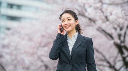 桜の下で電話をする新社会人の女性