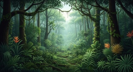 Obraz premium Lush Green Tropical Forest With Vibrant Flora