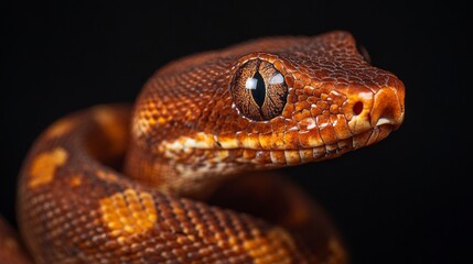 Fototapeta premium Close-up of a reddish-brown snake with intricate scales against a black background, showcasing its eye and head details.