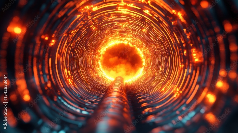 Poster view inside a glowing futuristic tunnel with concentric circular lines and a bright fiery core emitt