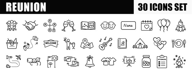 A comprehensive set of 30 line icons representing various elements and activities associated with a reunion, encompassing themes of gathering, celebration, and shared memories.