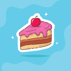 Cake Slice Sticker with Cherry on Blue Background