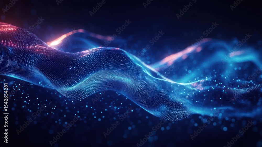 Poster abstract flowing wave of blue and purple digital particles glowing against a dark background creatin