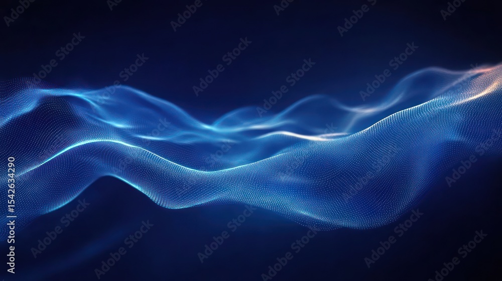 Poster abstract flowing wave form composed of glowing blue dots and lines creating a smooth, dynamic, futur