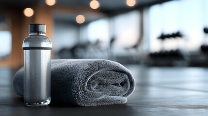 Hydration and Cleanliness A Bottle of Water and a Rolled Towel Awaiting Gym Goers in Fitness Center