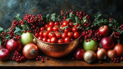 Still life composition featuring a bowl overflowing with ripe cherry tomatoes surrounded by fresh apples, onions, and clusters of red berries on a wooden surface against a dark textured background