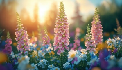 Obraz premium Close-up of tall pink foxglove flowers surrounded by blue and white wildflowers in a sunlit meadow at golden hour