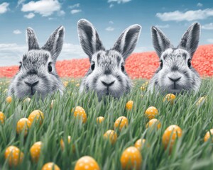 Three gray bunnies in a field of grass and orange eggs, sunny spring day