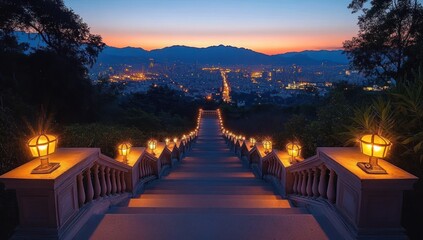 Illuminated wide staircase leading down towards a cityscape at dusk with mountain silhouettes and a glowing sunset sky