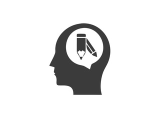 Writer Human Head Icon with a Small Pencil Beside It Vector Silhouette Flat Icon Design
