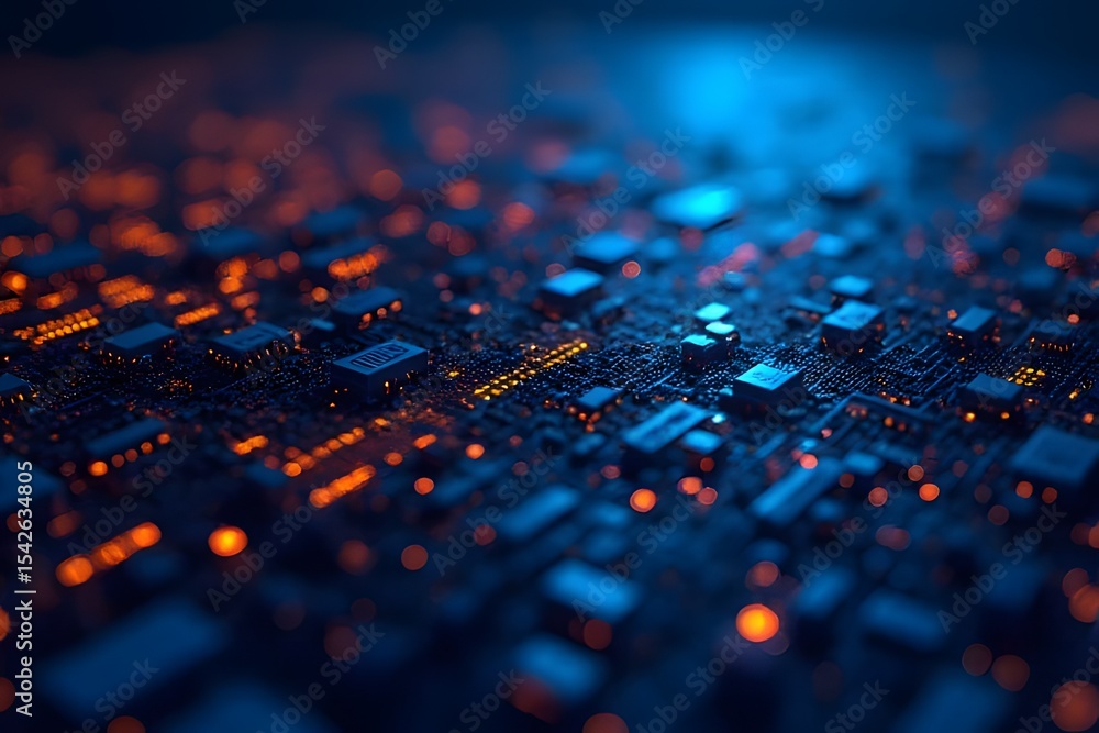 Poster an abstract glowing circuit board with integrated microchips and vibrant blue and orange illuminatio