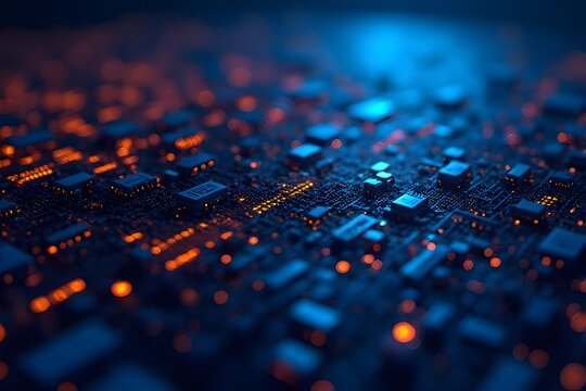 An abstract glowing circuit board with integrated microchips and vibrant blue and orange illumination suggests complex technology and intricate digital networks.