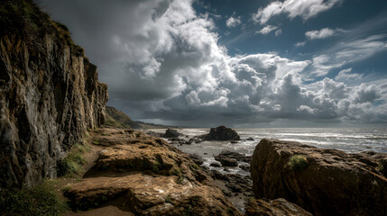Dramatic seascape with towering cliffs and dramatic clouds evokes awe and wonder of nature