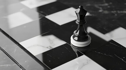 Polished black chess queen on a checkered marble board.
