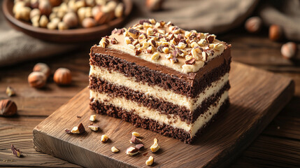 Celebrate National Hazelnut Cake Day with Rich Chocolate Hazelnut Layer Cake Slice Topped with Buttercream Frosting and Crushed Nuts, Styled on Rustic Wooden Board for Elegant Dessert Photography