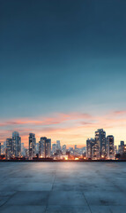 Fototapeta premium Evening glow illuminates modern city skyline creating a vibrant urban landscape silhouette against twilight skies