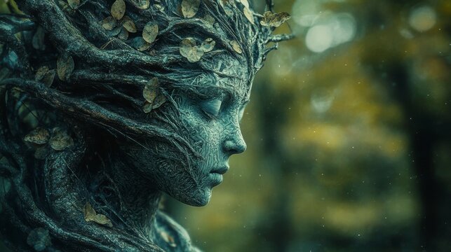 Serene stone woman statue, tree bark and leaves, forest background.