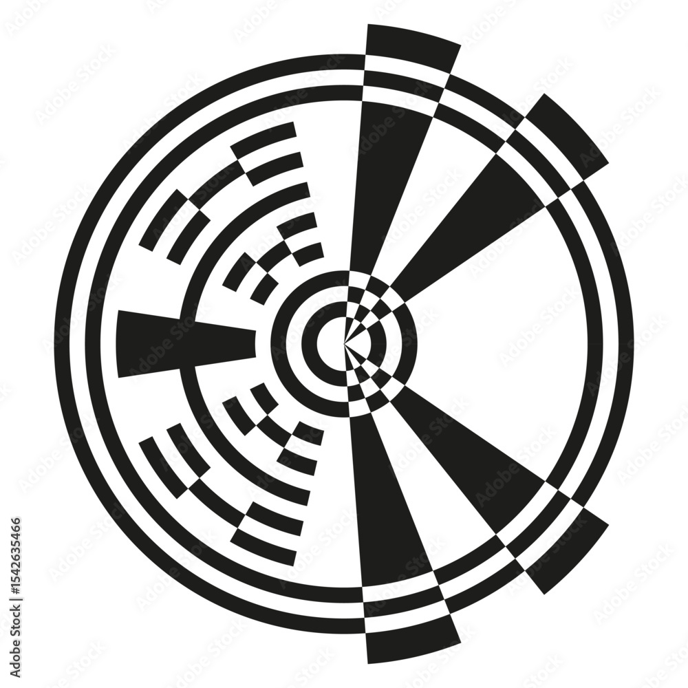 Poster tech circle symbol. digital sector wheel. vector mechanical form. black white abstract.