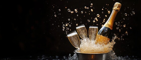Bottle of sparkling champagne in an ice bucket with three filled champagne flutes splashing bubbles against dark background