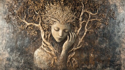 Serene woman sculpture with tree branches, golden leaves, textured background.