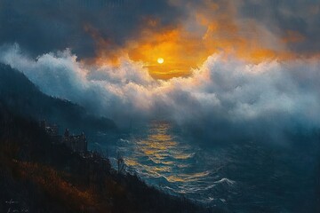 Sun setting behind thick clouds over a dark stormy sea with waves reflecting orange light and silhouetted coastline with trees and buildings