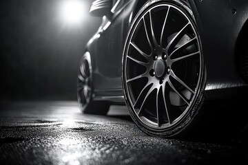 Close-up of shiny car wheels on wet asphalt with bright light source creating dramatic reflections in a dark environment