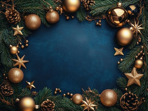 festive golden and bronze Christmas ornaments, pine cones, stars, and evergreen branches framing a dark blue textured background, creating a warm holiday atmosphere