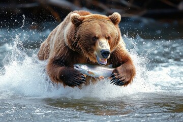 Obraz premium Brown bear emerging from water with a fish caught in its mouth and claws, surrounded by splashing water, showing determination and focus