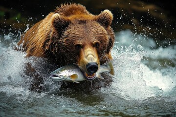 Fototapeta premium Brown bear catching a fish in the river with water splashing around, showing focus and intensity in a natural wilderness setting