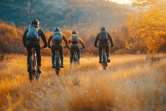 Four people riding bicycles on a grassy trail through autumn landscape with warm sunlight and golden trees