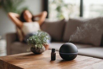 Black Spherical Aroma Diffuser with Mist on Wooden Table, Dropper Bottle and Plant, Woman Relaxing on Sofa in Background