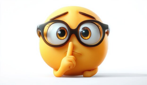 cartoonish yellow round face with big expressive eyes wearing black glasses holding a finger to its lips in a shushing gesture showing quietness or secrecy