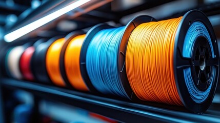Multiple colorful spools of tightly wound filament neatly arranged on a black shelf in a workshop or storage area conveying organization and technical preparation
