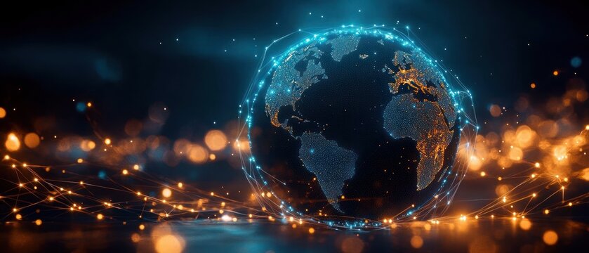 Digital visualization of a globe with illuminated continents connected by glowing network lines representing global communication and data exchange