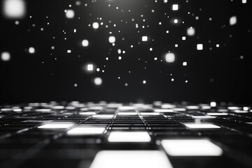 Dark, glowing grid with falling particles