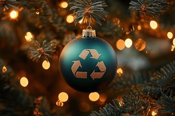 Close-up of a teal Christmas ornament with a glittery recycling symbol hanging on a pine tree branch with warm glowing lights in the background