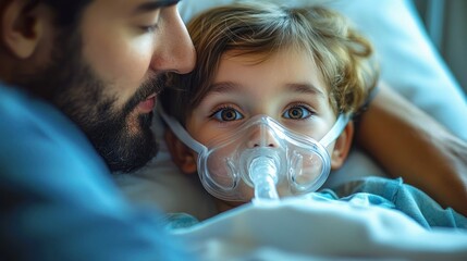 Concerned man closely comforting young child wearing an oxygen mask while lying in bed, showing tenderness and care in a medical situation