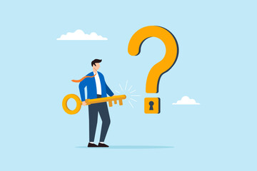 Flat illustration of businessman holding big key to unlock question mark keyhole as symbol of problem solving critical thinking and finding answers