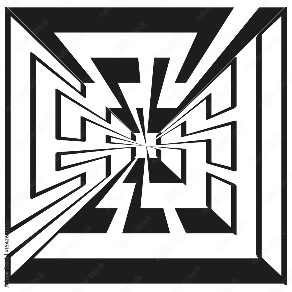 Poster maze tunnel shape. deep perspective illusion. vector black path. geometric space element.